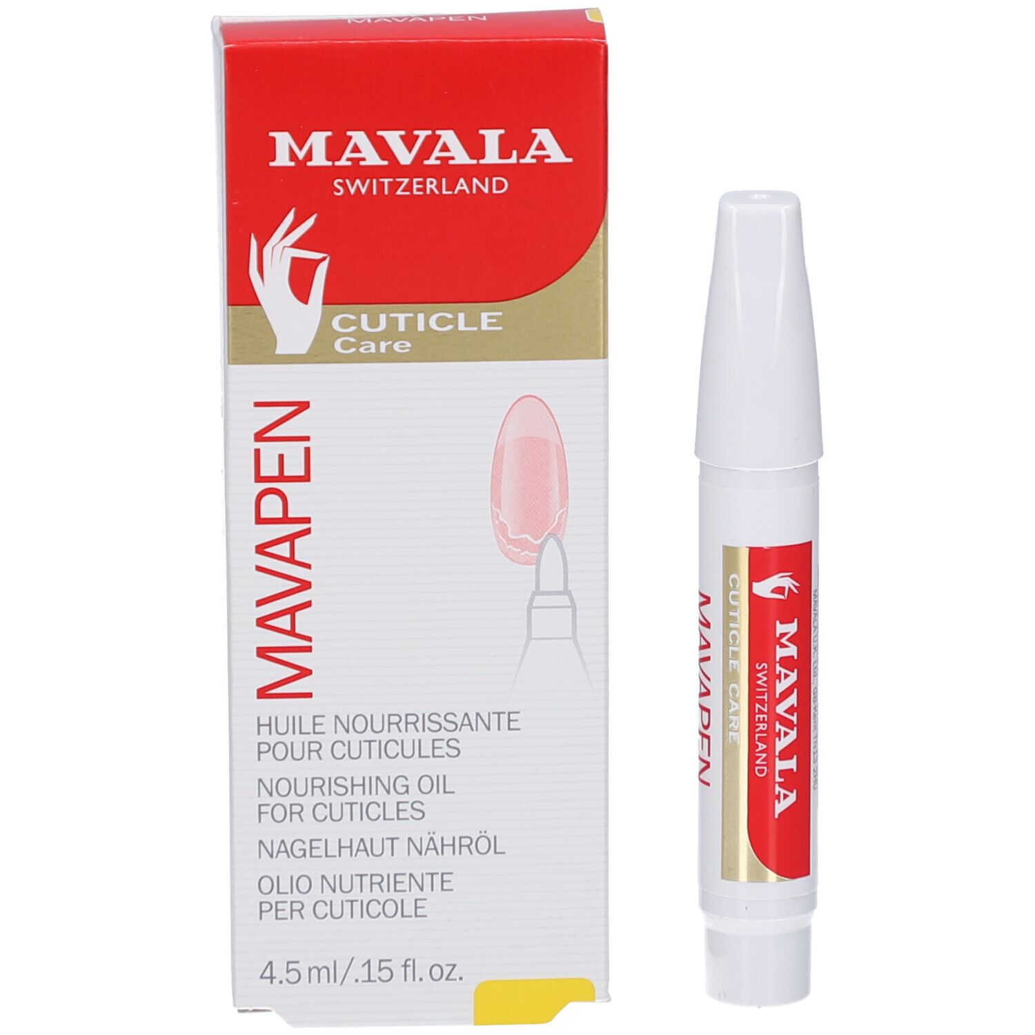Produkt und Verpackung. Weißer Stift und rote Schachtel. Aufschrift: MAVALA, CUTICLE CARE.