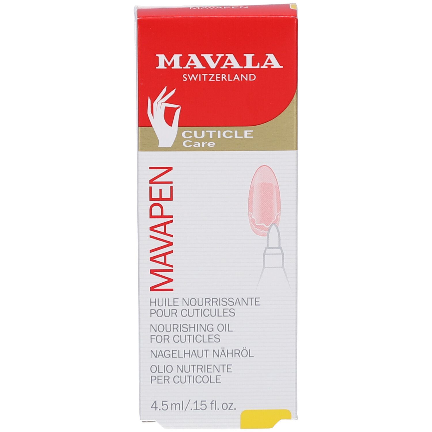 Produkt und Verpackung. Rote Schachtel mit weißem Stift. Aufschrift: MAVALA, CUTICLE CARE.