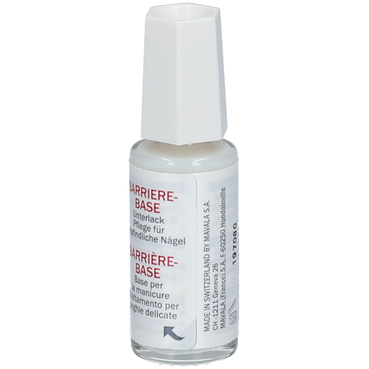 Flacon de vernis à ongles avec bouchon blanc. Inscription: MAVALA, BARRIERE-BASE. Arrière: informations.