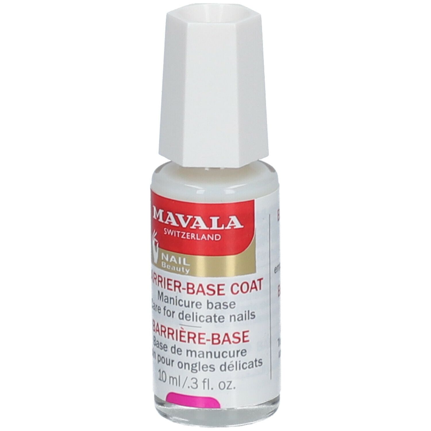 Flacon de vernis à ongles avec bouchon blanc. Inscription: MAVALA, BARRIERE-BASE COAT, 10 ml.