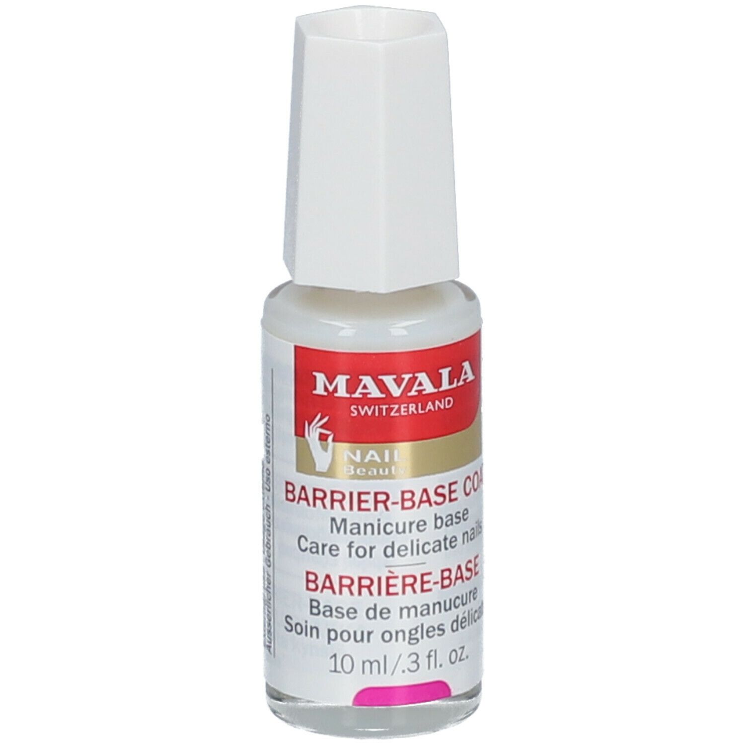 Flacon de vernis à ongles avec bouchon blanc. Inscription: MAVALA, BARRIERE-BASE COAT, 10 ml.
