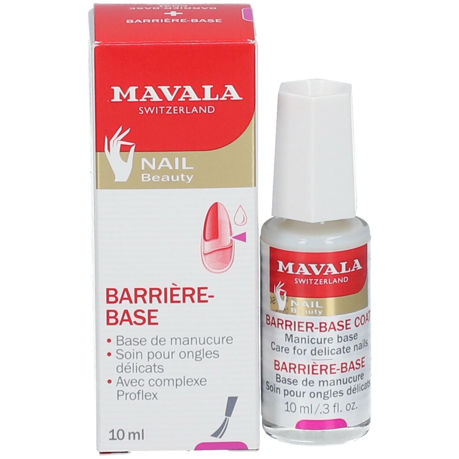 Emballage du produit et flacon de vernis à ongles. Inscription: MAVALA, BARRIERE-BASE, 10 ml. Avec illustration.