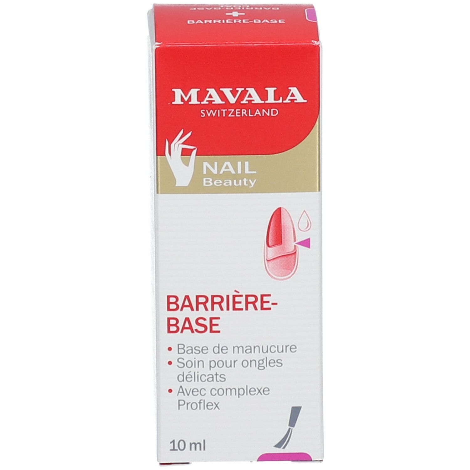 Emballage du produit et flacon de vernis à ongles. Inscription: MAVALA, BARRIERE-BASE, 10 ml. Avec illustration.