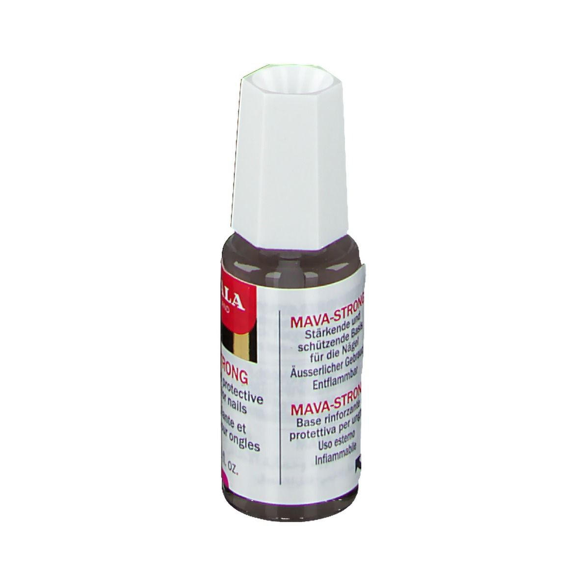 Mavala Mava-Strong. Nagellackflasche mit weißem Deckel. Roter Aufkleber mit Produktinformationen.