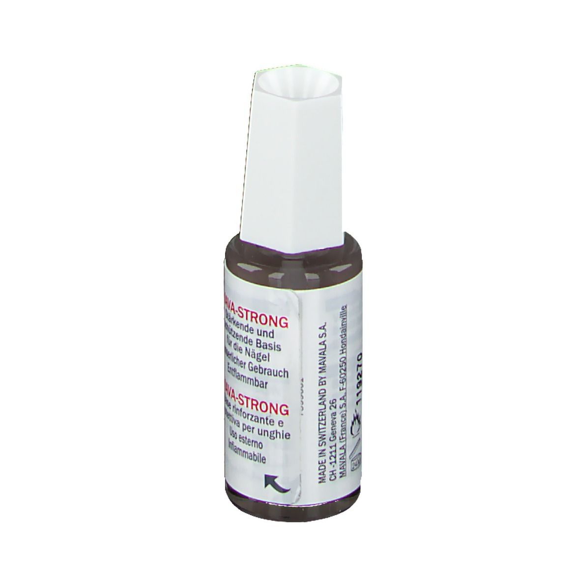 Mavala Mava-Strong. Nagellackflasche mit weißem Deckel. Roter Aufkleber mit Produktinformationen.