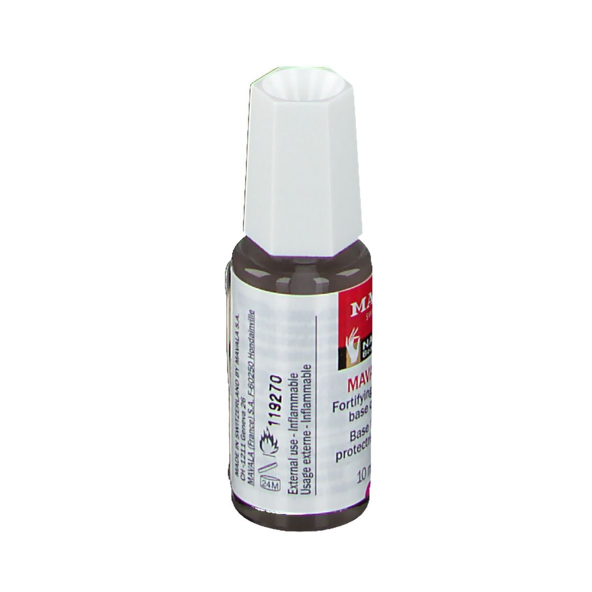 Mavala Mava-Strong. Nagellackflasche mit weißem Deckel. Roter Aufkleber mit Produktinformationen.