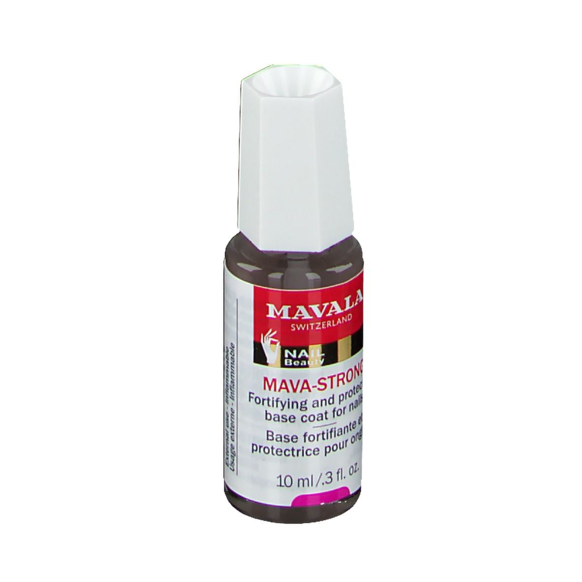 Mavala Mava-Strong. Nagellackflasche mit weißem Deckel. Roter Aufkleber mit Produktnamen und Logo.