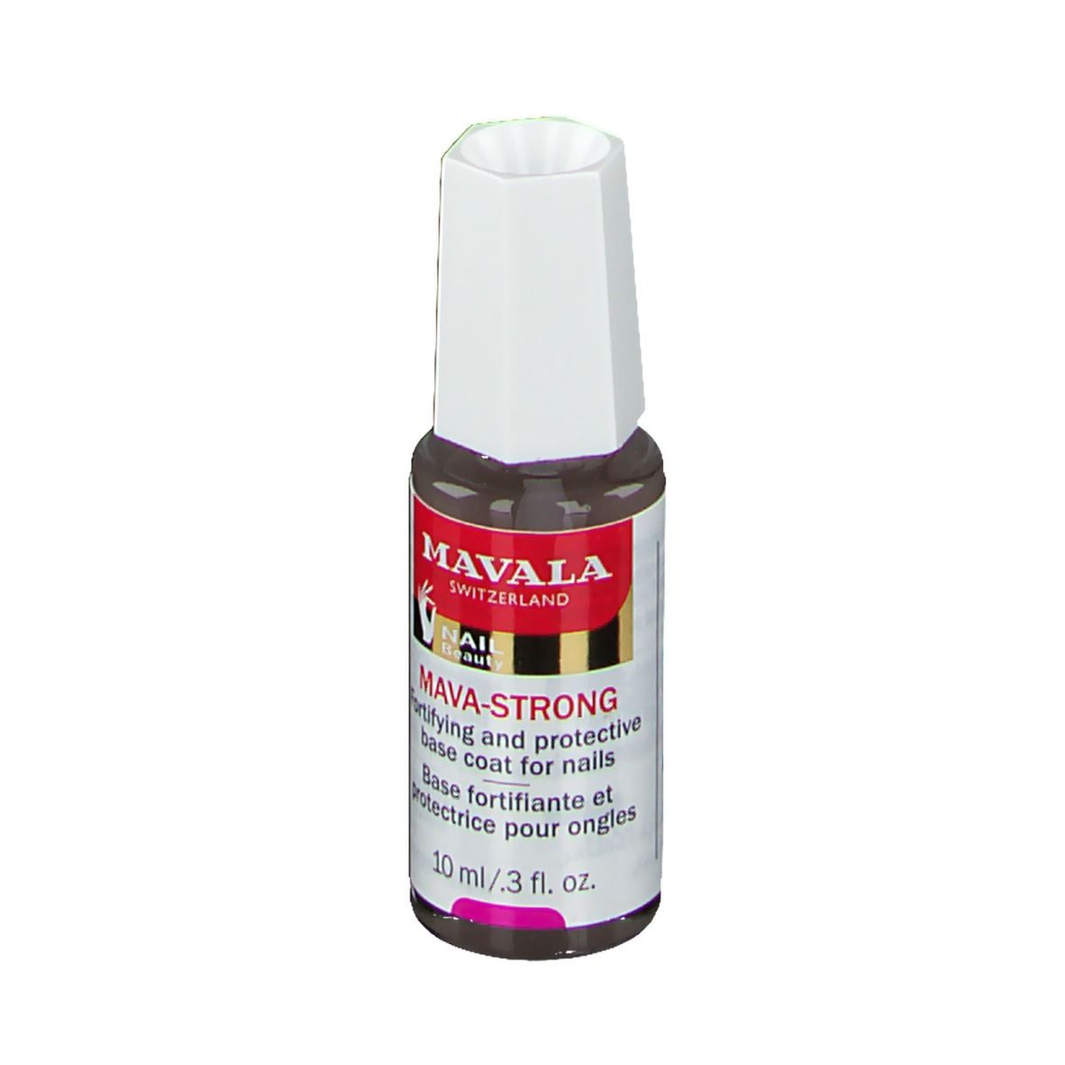 Mavala Mava-Strong. Nagellackflasche mit weißem Deckel. Roter Aufkleber mit Produktnamen und Logo.