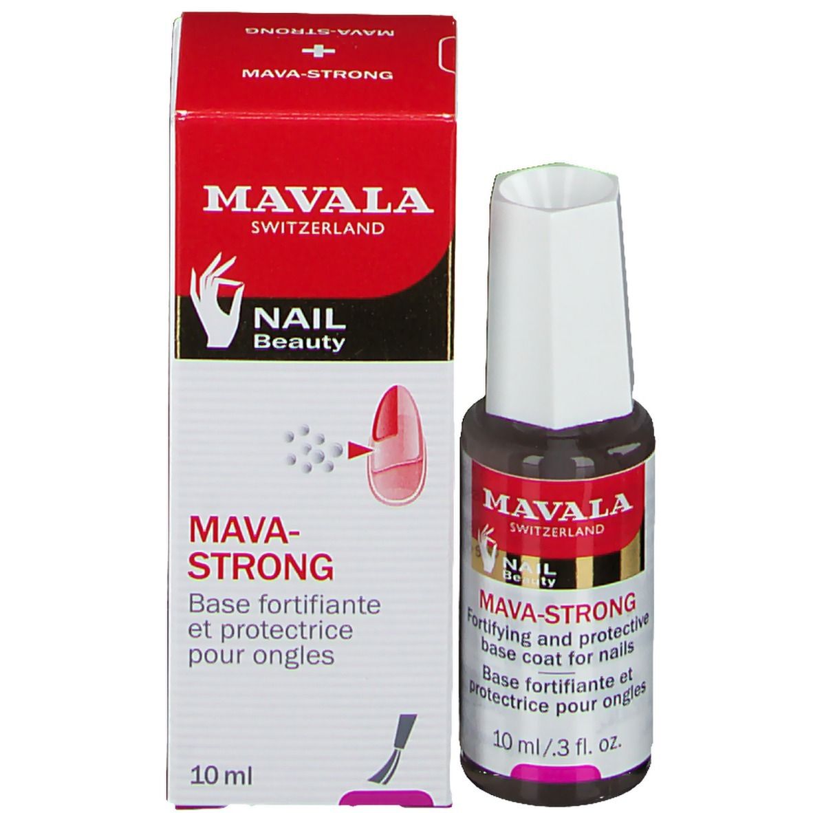 Mavala Mava-Strong Nagellack und Verpackung. Rote Schachtel und Flasche mit weißem Deckel.