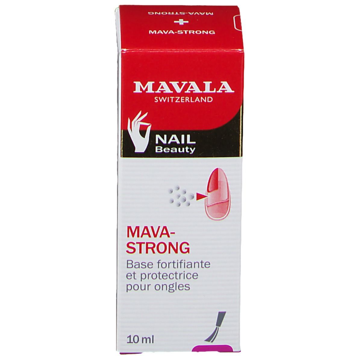 Mavala Mava-Strong Verpackung. Rote Schachtel mit Produktnamen und Logo. 10 ml.