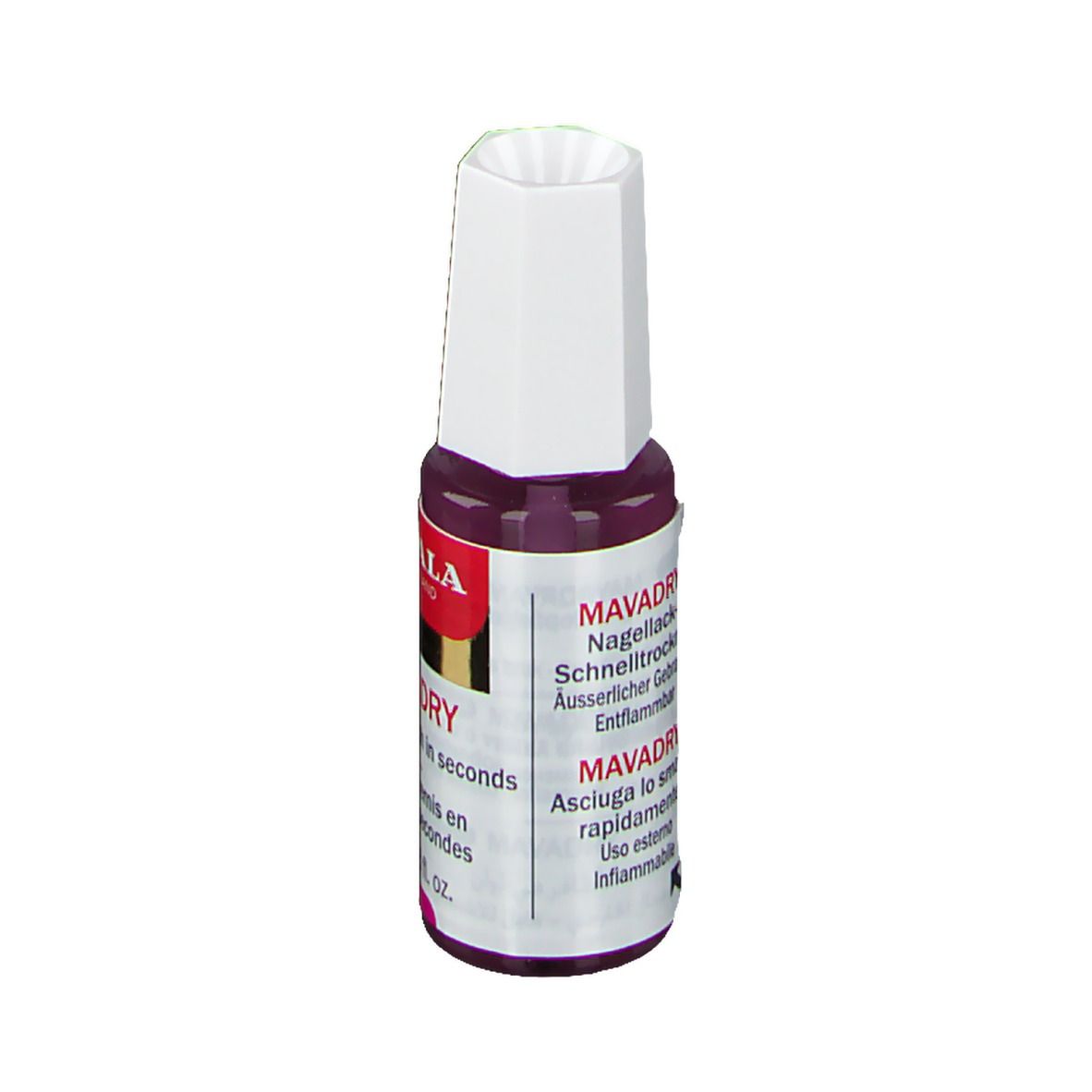 Mavadry de Mavala, sèche-vernis. Flacon avec bouchon blanc et étiquette rouge. Texte.