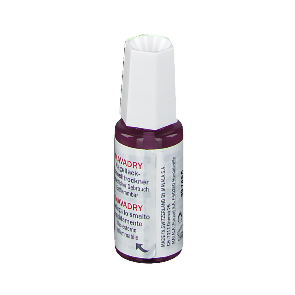 Mavadry de Mavala, sèche-vernis. Flacon avec bouchon blanc et étiquette rouge. Texte.