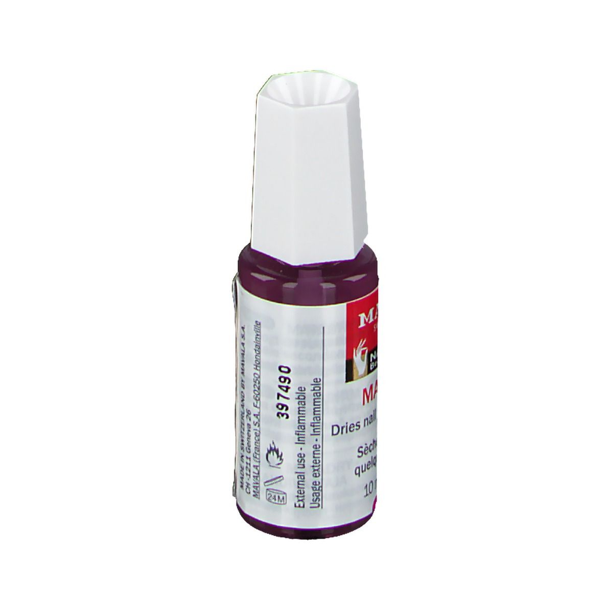 Mavadry de Mavala, sèche-vernis. Flacon avec bouchon blanc et étiquette rouge. Texte.