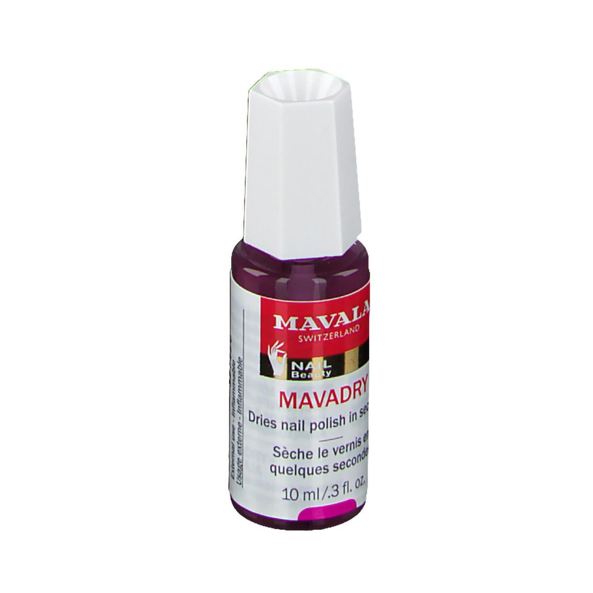 Mavadry de Mavala, sèche-vernis. Flacon avec bouchon blanc et étiquette rouge. 10 ml.