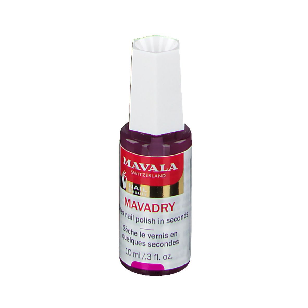 Mavadry de Mavala, sèche-vernis. Flacon avec bouchon blanc et étiquette rouge. 10 ml.