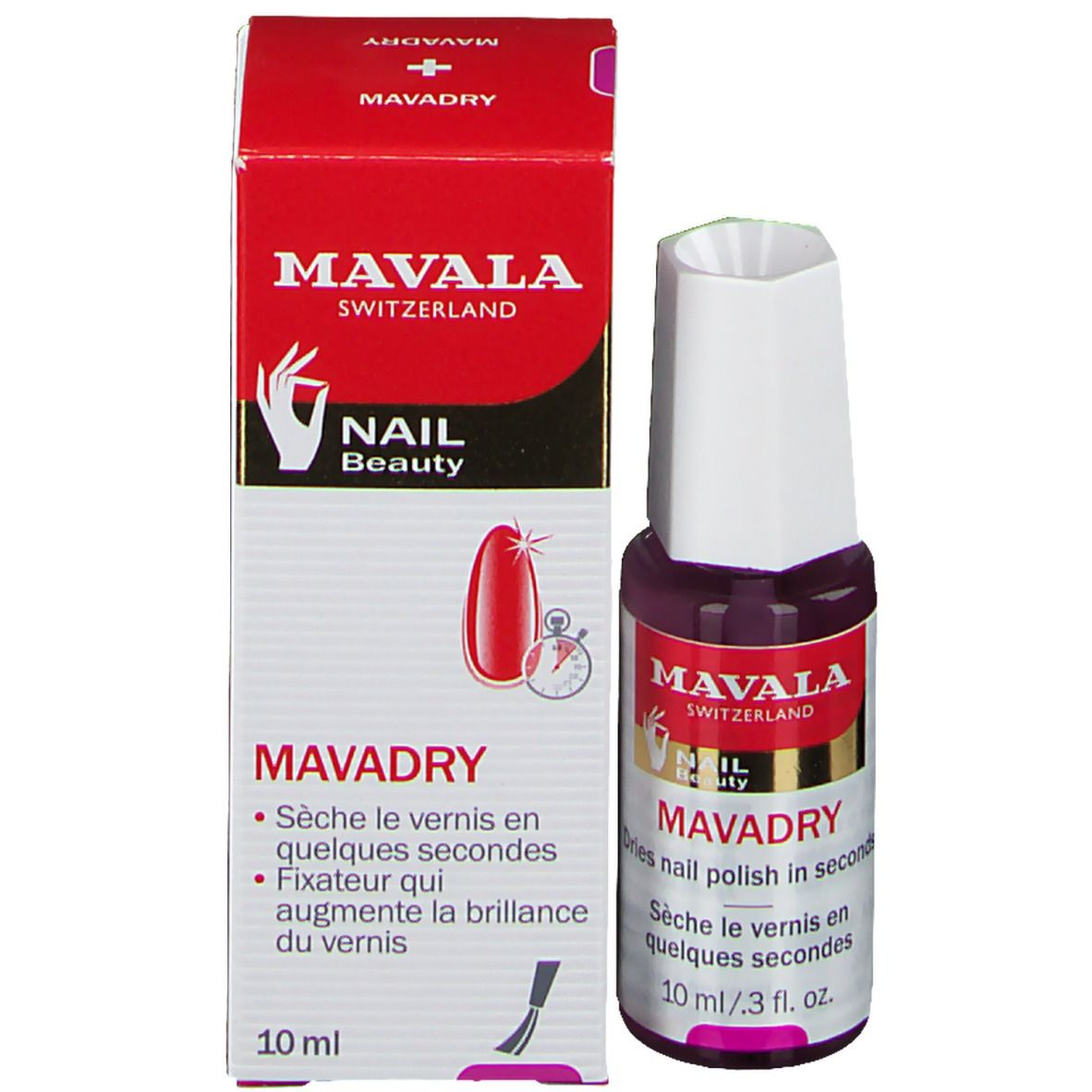 Mavadry de Mavala et emballage. Boîte rouge et flacon. 10 ml.