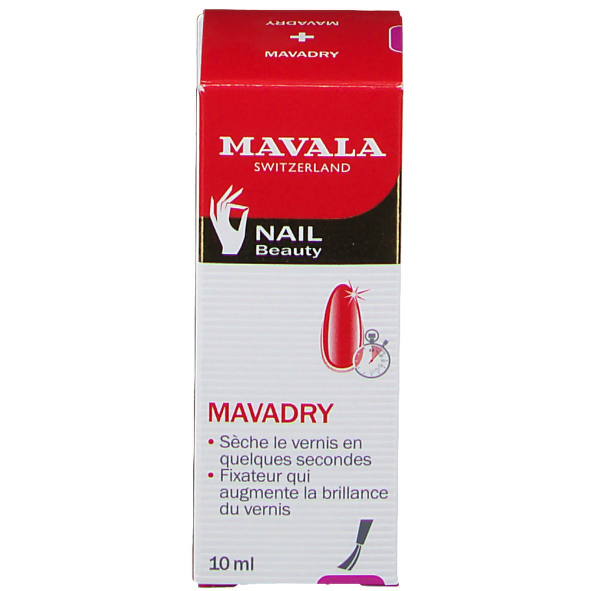 Mavadry de Mavala et emballage. Boîte rouge et flacon. 10 ml.