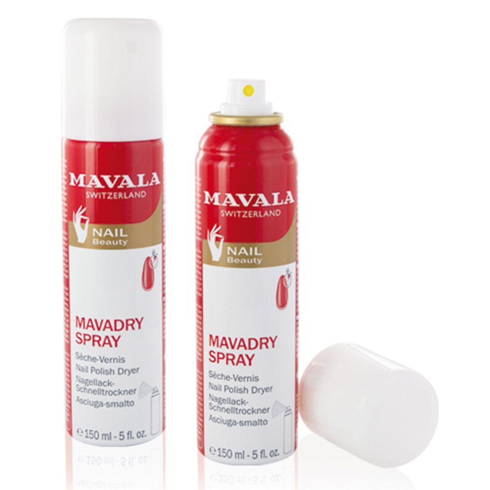 Deux sprays rouge et blanc. Inscription: MAVALA, MAVADRY SPRAY, Nail Beauty. 150 ml.