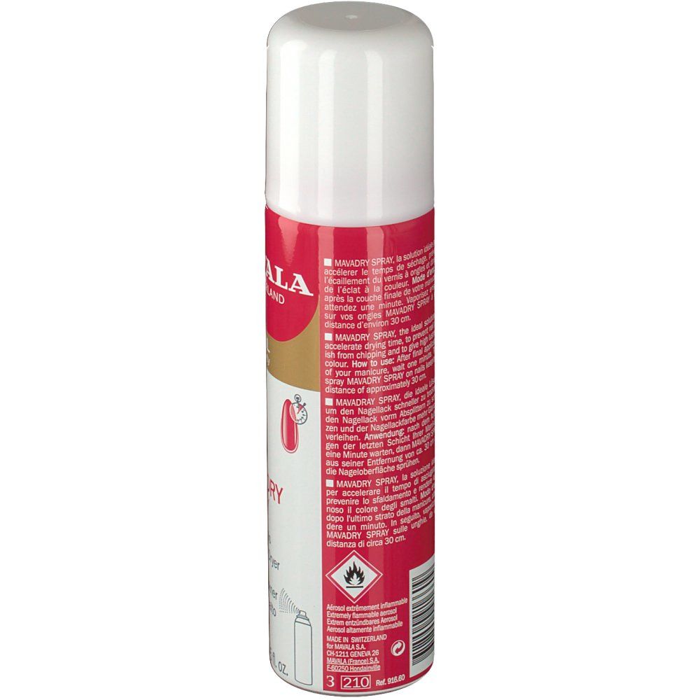 Bombe de spray rouge avec bouchon blanc. Texte: MAVALA, MAVADRY SPRAY. Dos avec texte.