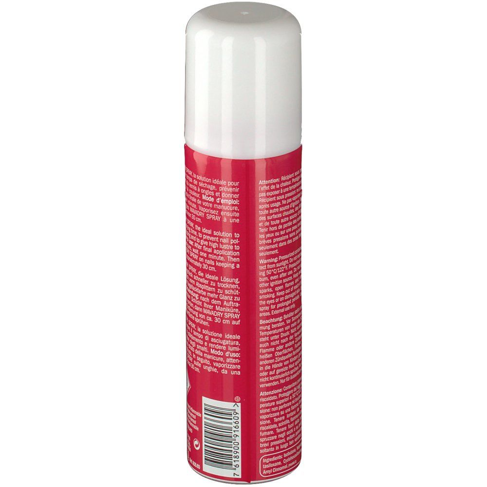 Bombe de spray rouge avec bouchon blanc. Dos avec texte. Avertissement: facilement inflammable.