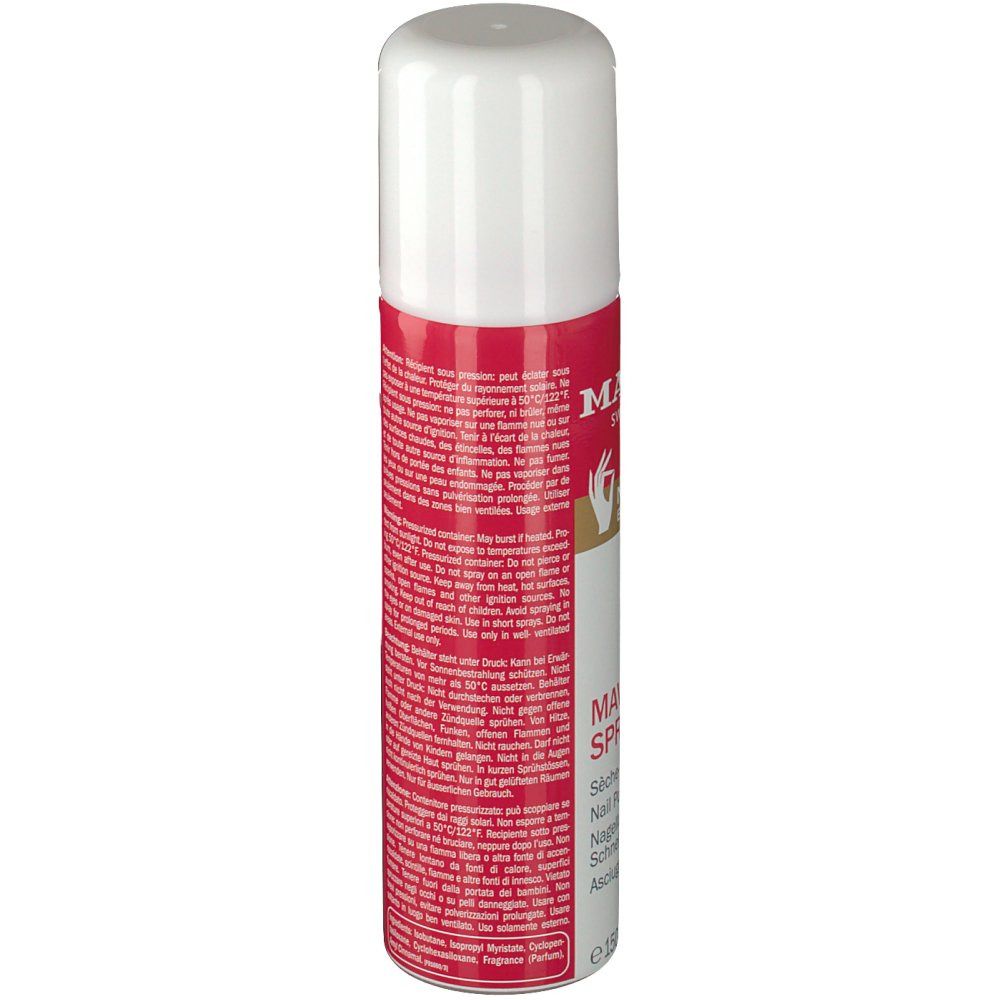 Bombe de spray rouge avec bouchon blanc. Dos avec texte. Avertissement: facilement inflammable.