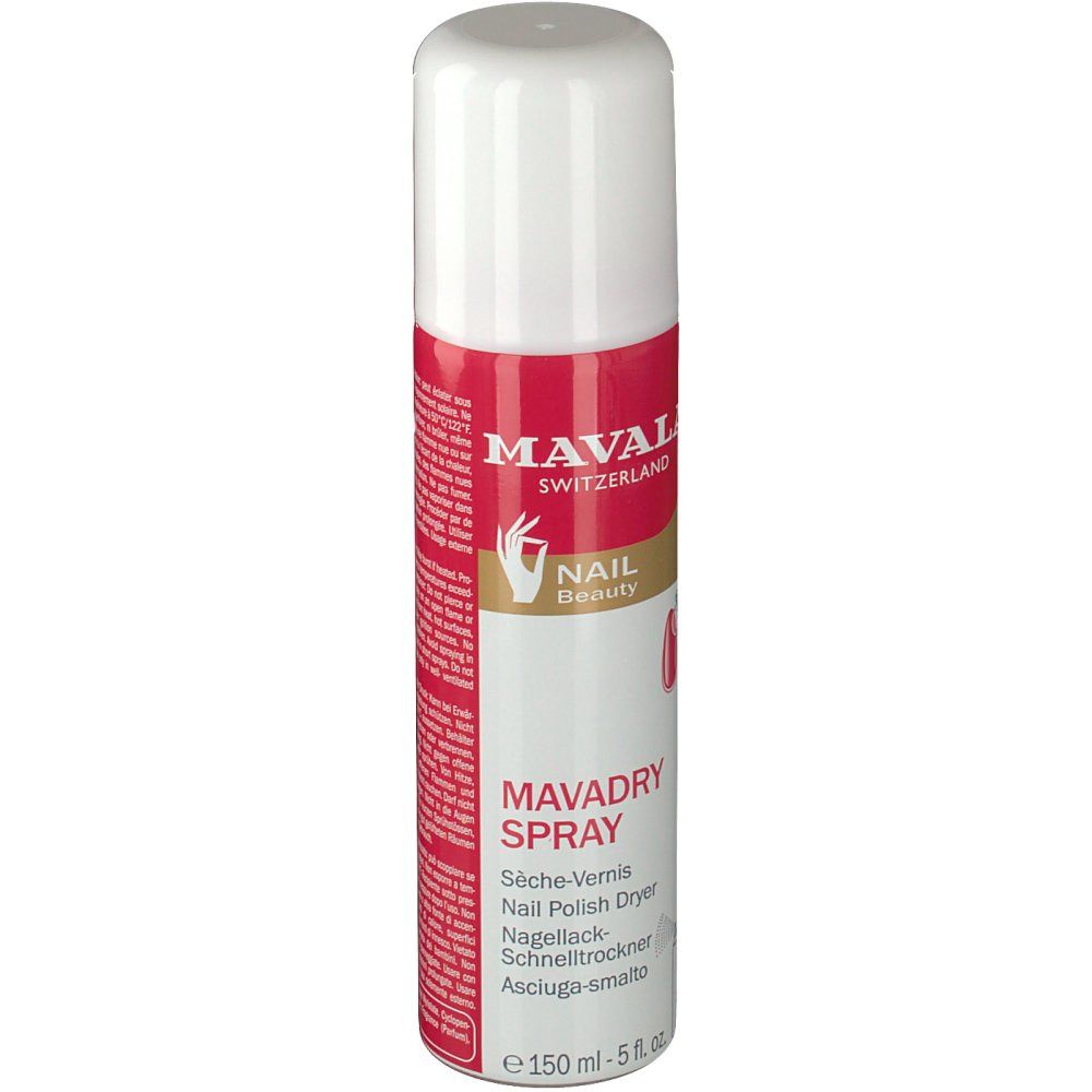 Bombe de spray rouge avec bouchon blanc. Inscription: MAVALA, MAVADRY SPRAY, Nail Beauty. 150 ml.