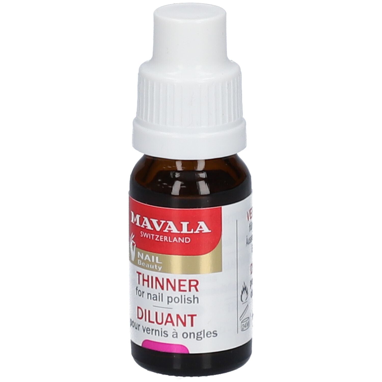 Braune Glasflasche mit weißem Verschluss. Roter Aufkleber mit Text: MAVALA, THINNER, DILUANT. Für Nagellack.