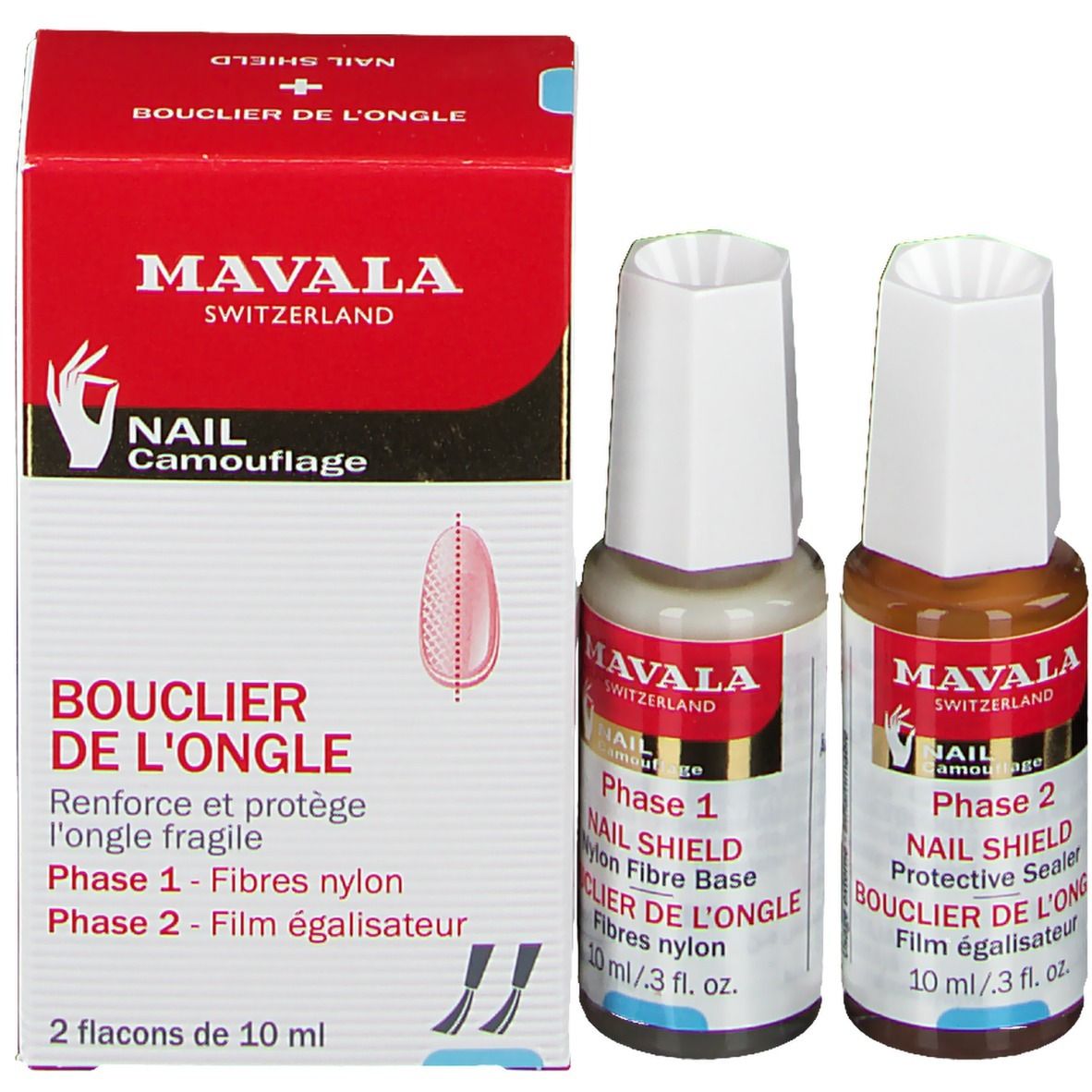 Mavala Nagelschutz-Set mit zwei Flaschen und einer Verpackung. Rote und weiße Verpackung. Produktnamen und Details.