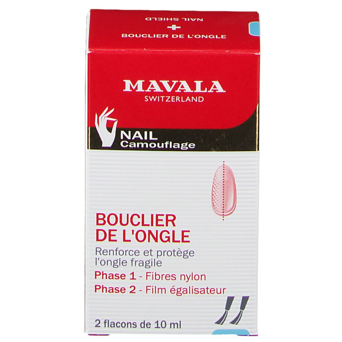 Verpackung für Mavala Nagelschutz. Rote und weiße Schachtel. Produktname und Details. Zwei Flaschen mit 10 ml.