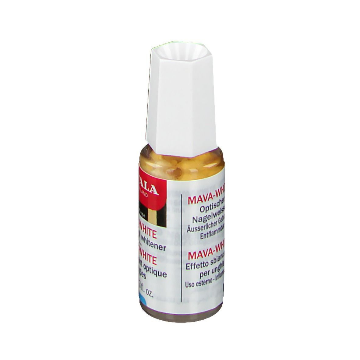Mavala Mava-Weiß. Optischer Nagelaufheller. Flasche mit weißem Deckel. Etikett mit Produktnamen und Logo.