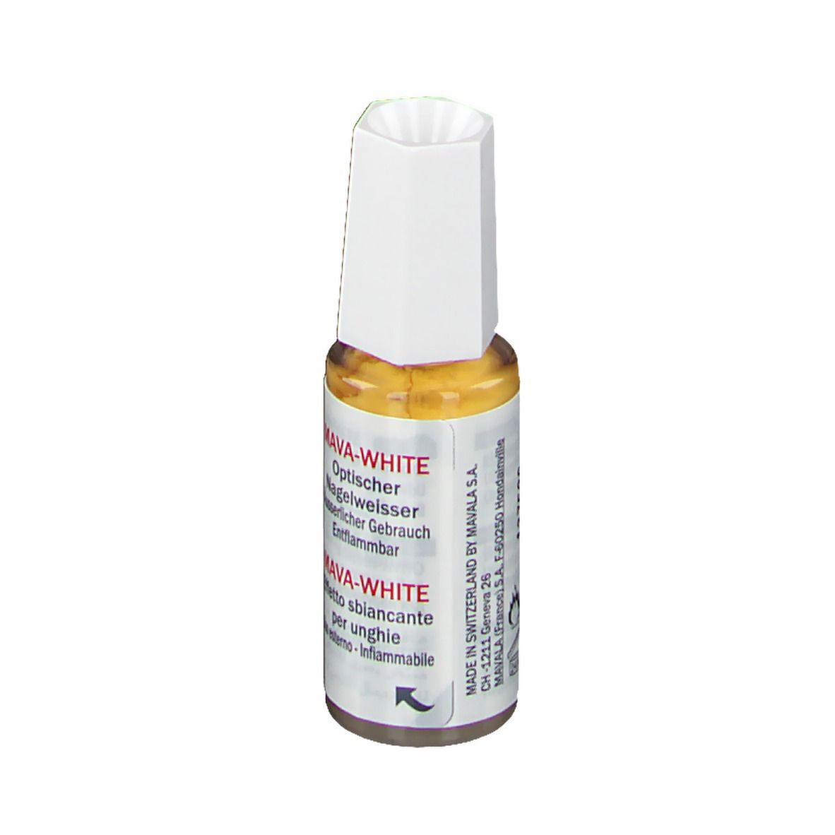 Mavala Mava-Weiß. Optischer Nagelaufheller. Flasche mit weißem Deckel. Etikett mit Produktnamen und Logo.