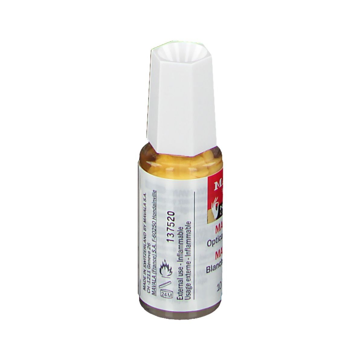 Mavala Mava-Weiß. Optischer Nagelaufheller. Flasche mit weißem Deckel. Etikett mit Produktnamen und Logo.