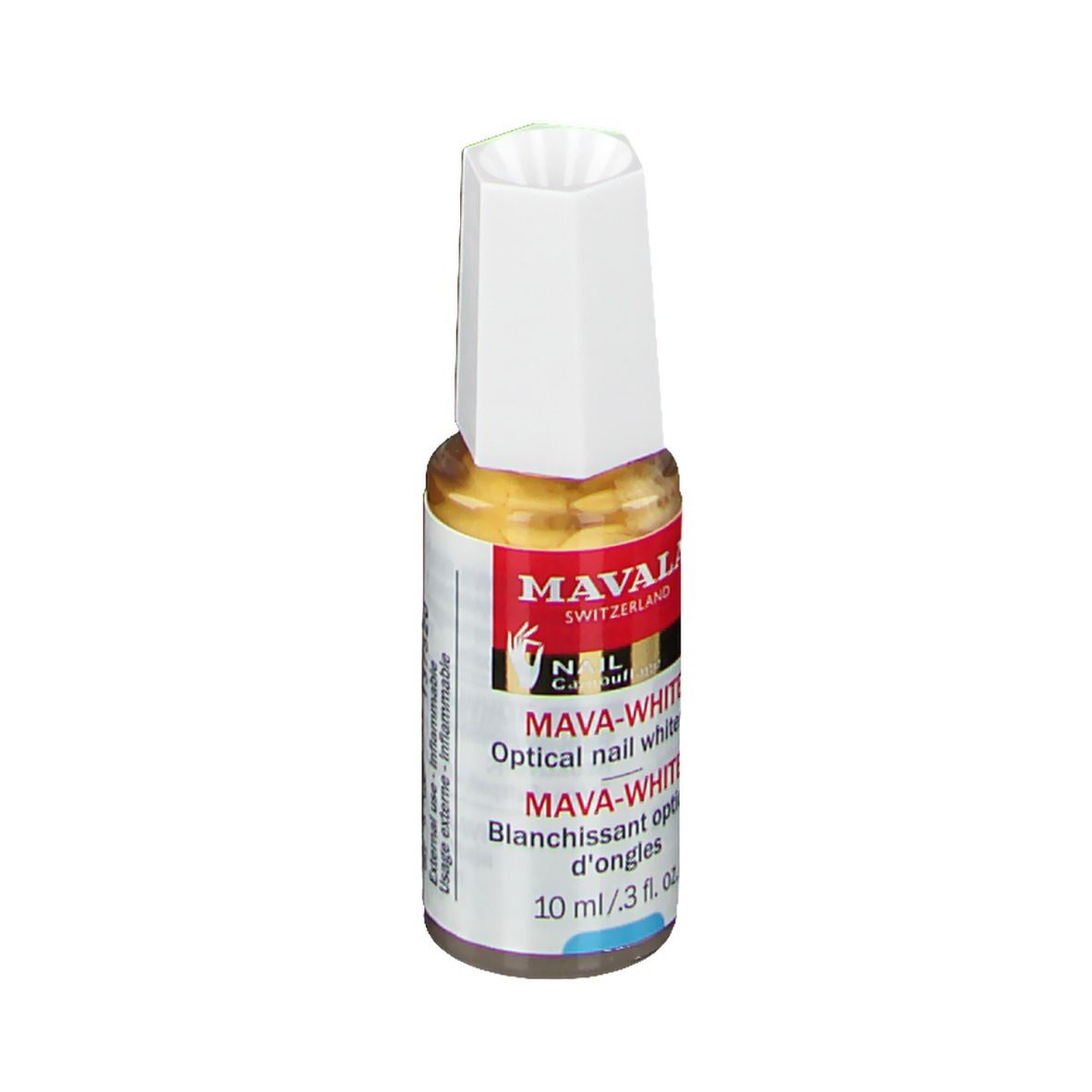 Mavala Mava-Weiß. Optischer Nagelaufheller. Flasche mit weißem Deckel. Etikett mit Produktnamen und Logo.