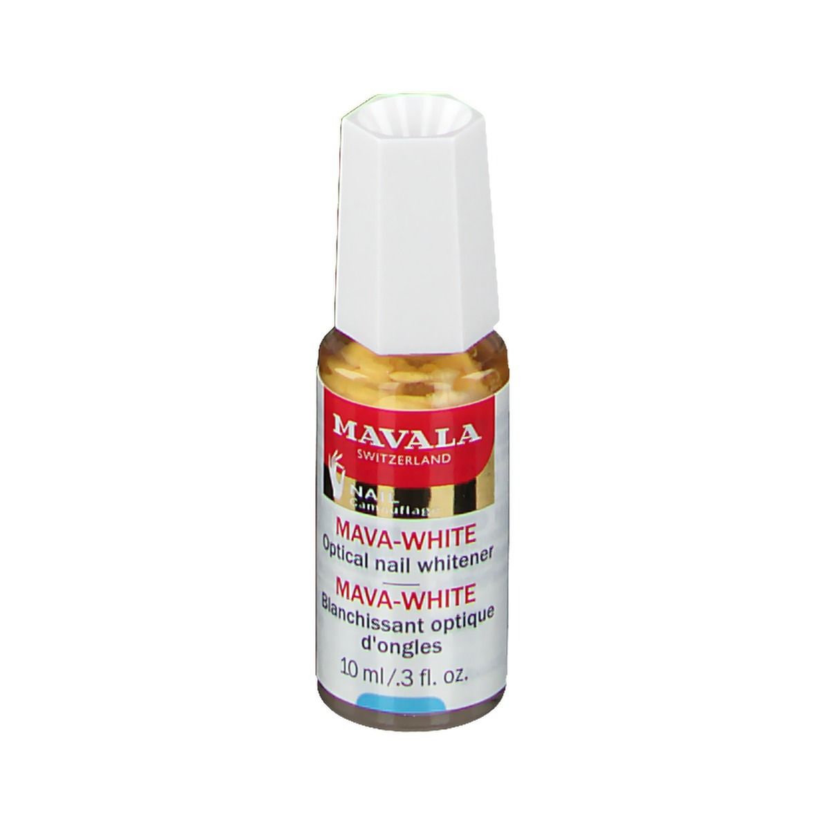Mavala Mava-Weiß. Optischer Nagelaufheller. Flasche mit weißem Deckel. Etikett mit Produktnamen und Logo.