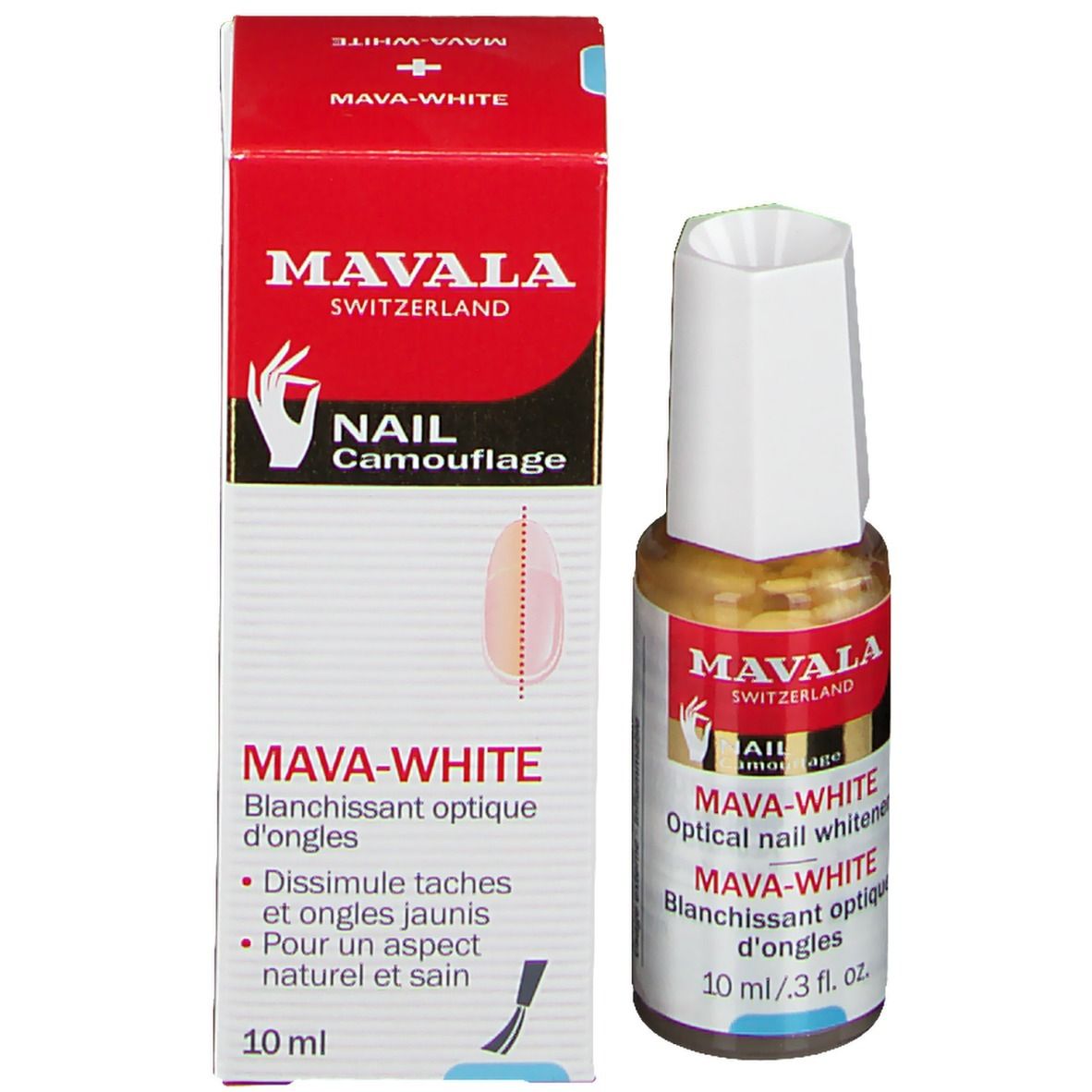 Mavala Mava-Weiß. Nagel-Camouflage-Set. Flasche und Verpackung. Rote Verpackung mit Produktnamen und Logo.