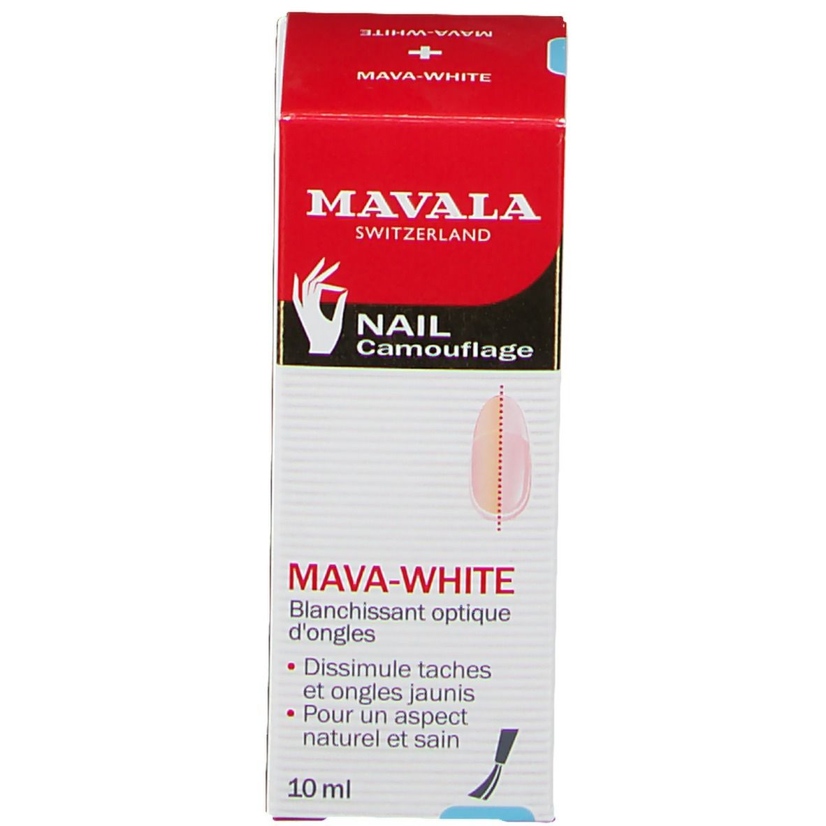 Mavala Mava-Weiß. Nagel-Camouflage-Set. Flasche und Verpackung. Rote Verpackung mit Produktnamen und Logo.