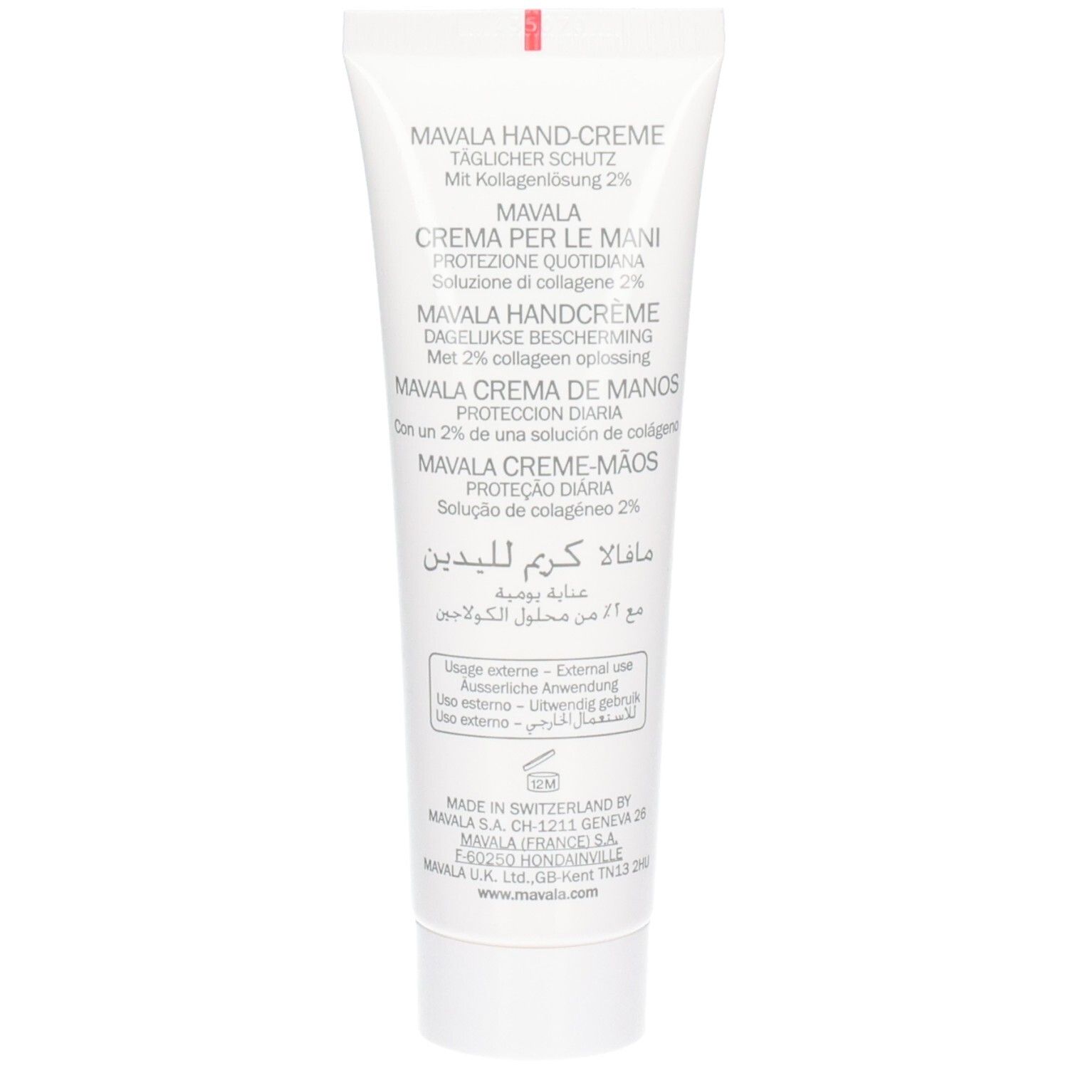 Rückseite einer weißen Tube. Mehrsprachiger Text. Marke: Mavala. Enthält Handcreme. Text: Hand-Creme, Crema per le mani, Hand Cream, Crema de manos, Crème-Mains.