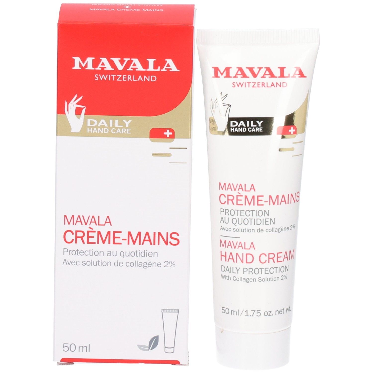 Handcreme-Tube und Schachtel. Marke: Mavala. Text: Daily Hand Care, Crème-Mains, Hand Cream. Rote und weiße Verpackung.