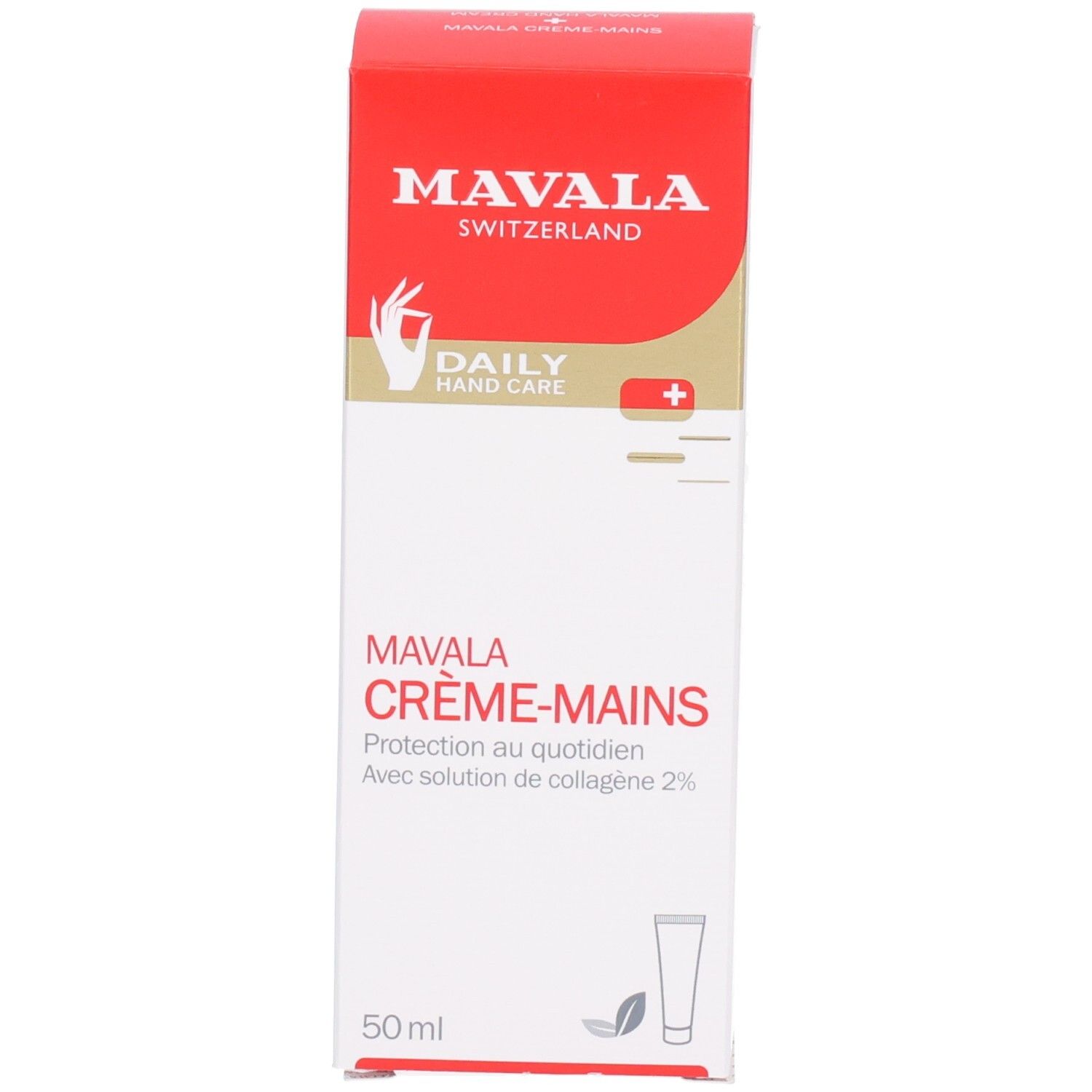 Rote und weiße Schachtel. Marke: Mavala. Text: Daily Hand Care, Crème-Mains. Enthält Handcreme. Abbildung einer Tube.