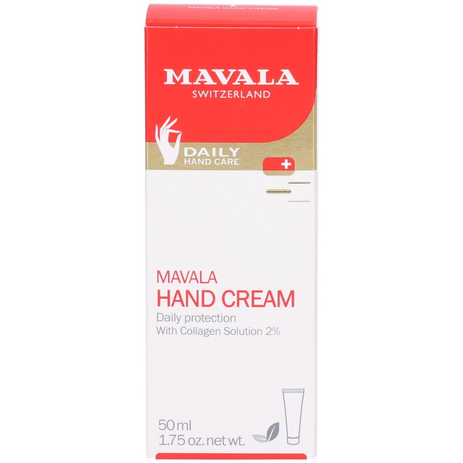 Rote und weiße Schachtel. Marke: Mavala. Text: Handcreme, täglicher Schutz. Enthält Handcreme. Abbildung einer Tube.