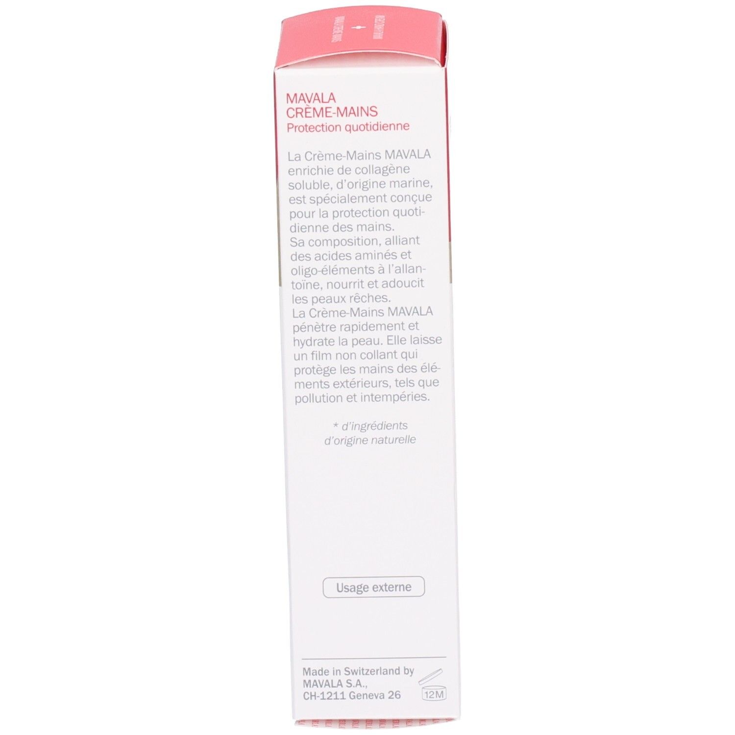 Rote und weiße Schachtel. Text: Handcreme, Gebrauchsanweisung. Marke: Mavala. Enthält Handcreme.
