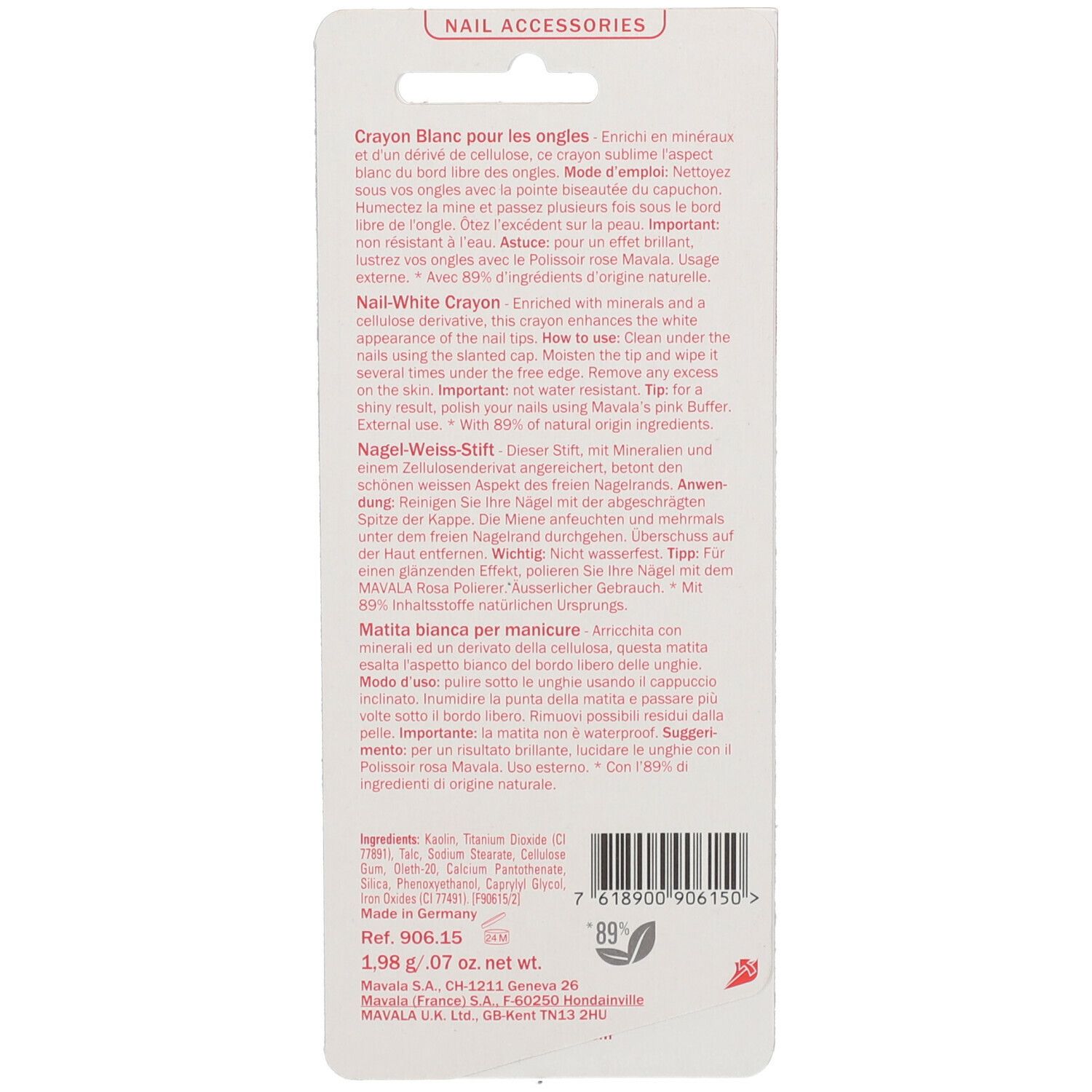 Rückseite der Nagelweißstift-Verpackung. Text in Deutsch, Französisch, Italienisch, Niederländisch. Inhaltsstoffe, Marke Mavala.