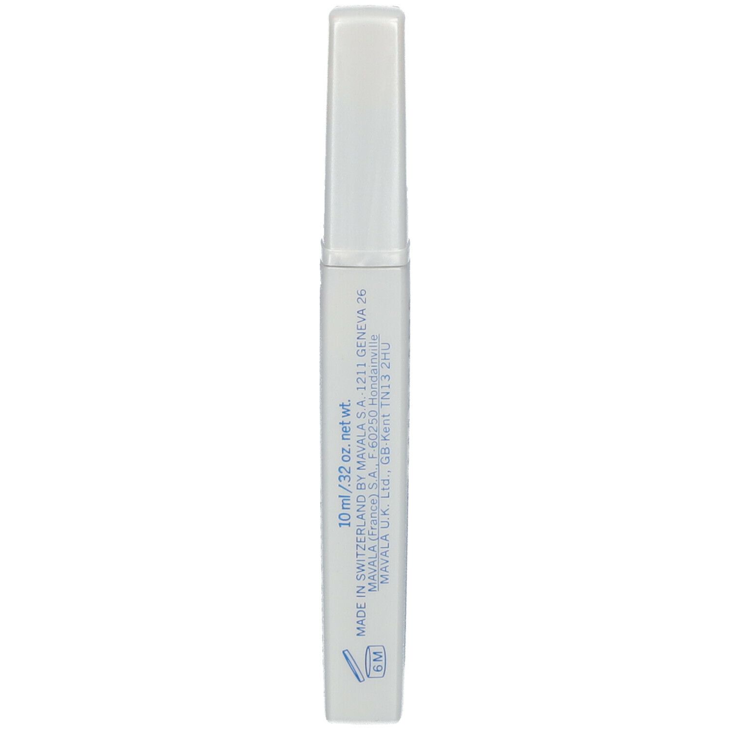 Mascara-Tube, weiß. Text: 10 ml / .32 oz net wt. Hergestellt in der Schweiz von MAVALA. Adresse.