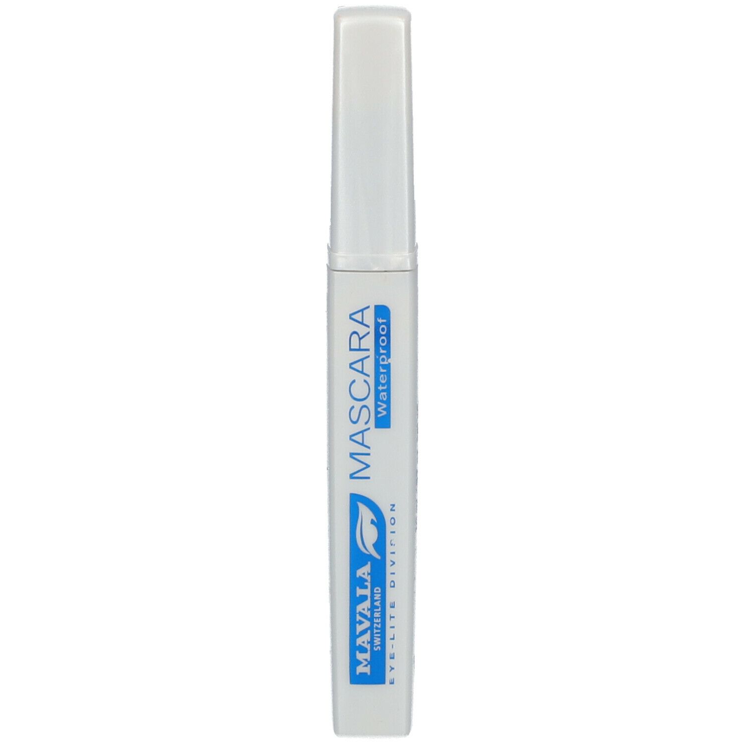 Mascara-Tube, weiß mit blauem Schriftzug. Text: MAVALA, MASCARA, Waterproof. Schwarze Tusche.