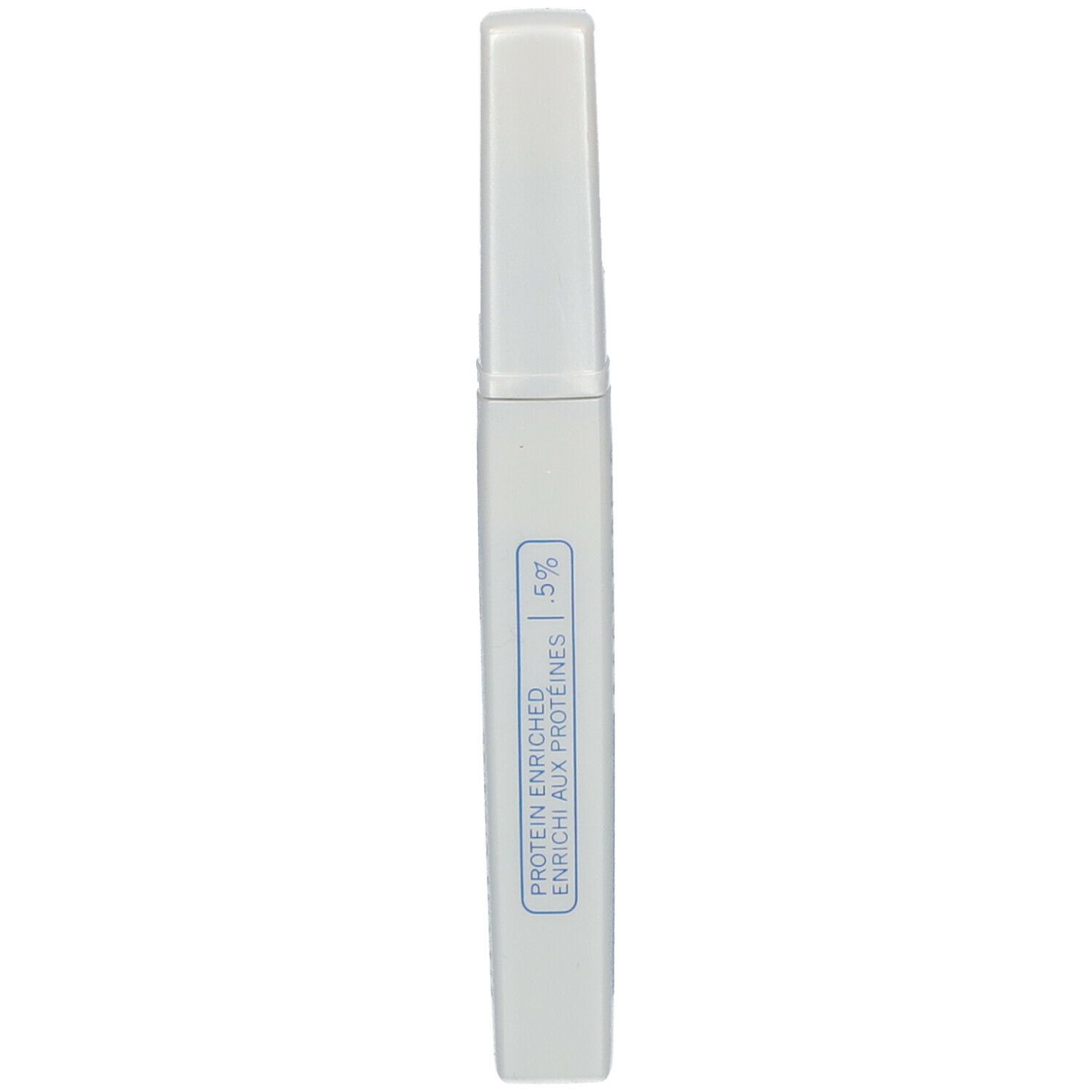 Mascara-Tube, weiß mit blauem Schriftzug. Text: Protein enriched, 5%.