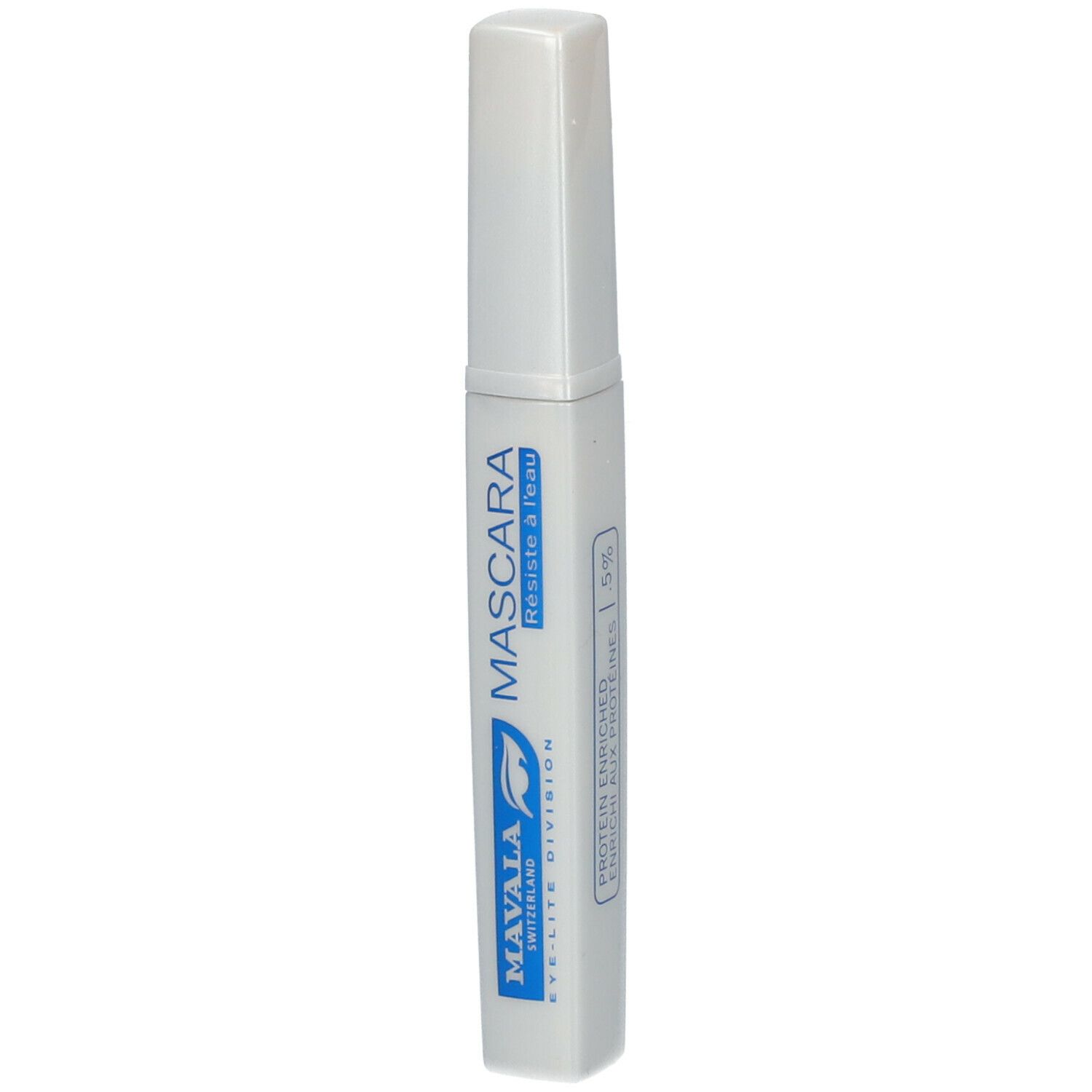 Mascara-Tube, weiß mit blauem Schriftzug. Text: MAVALA, MASCARA, Resiste à l'eau, 5%. Schwarze Tusche.
