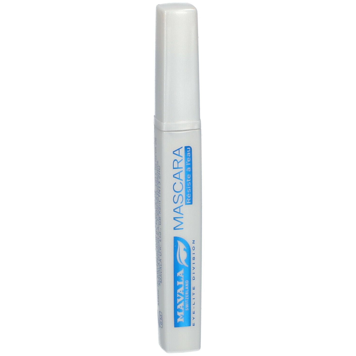 Mascara-Tube, weiß mit blauem Schriftzug. Text: MAVALA, MASCARA, Resiste à l'eau. Schwarze Tusche.