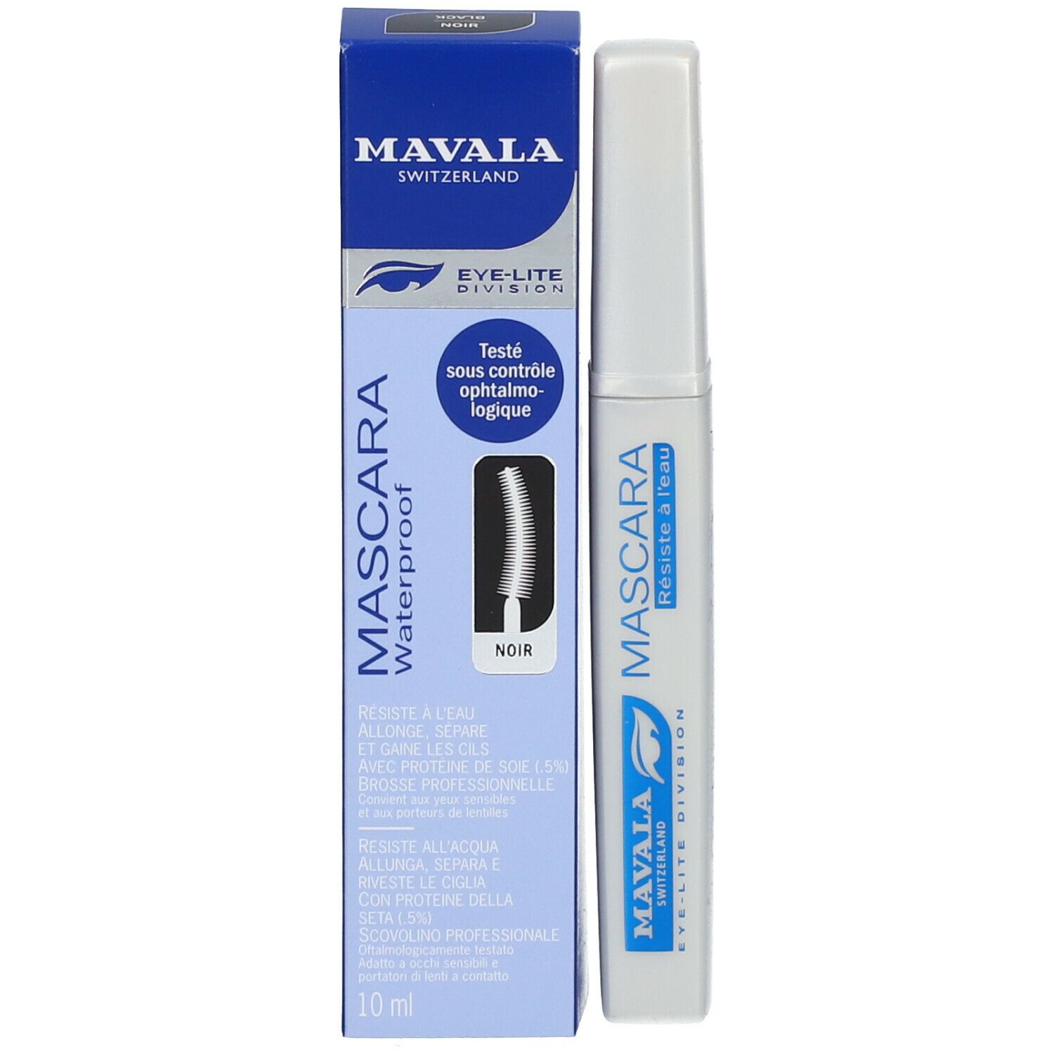 Mascara-Tube und Schachtel. Text: MAVALA, MASCARA, Waterproof, Noir, 10 ml. Getestet unter ophthalmologischer Kontrolle.