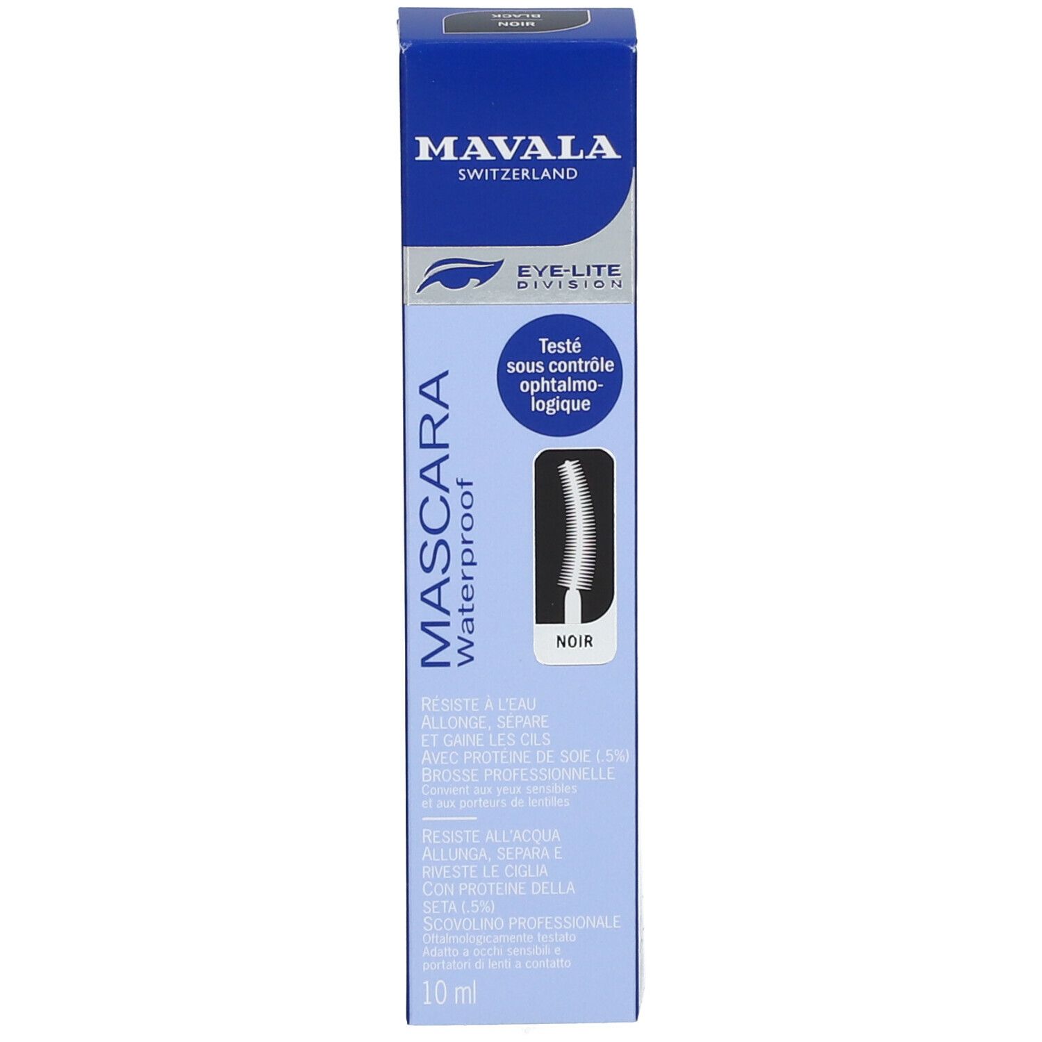 Mascara-Schachtel. Text: MAVALA, MASCARA, Waterproof, Noir, 10 ml. Getestet unter ophthalmologischer Kontrolle. Bürste.