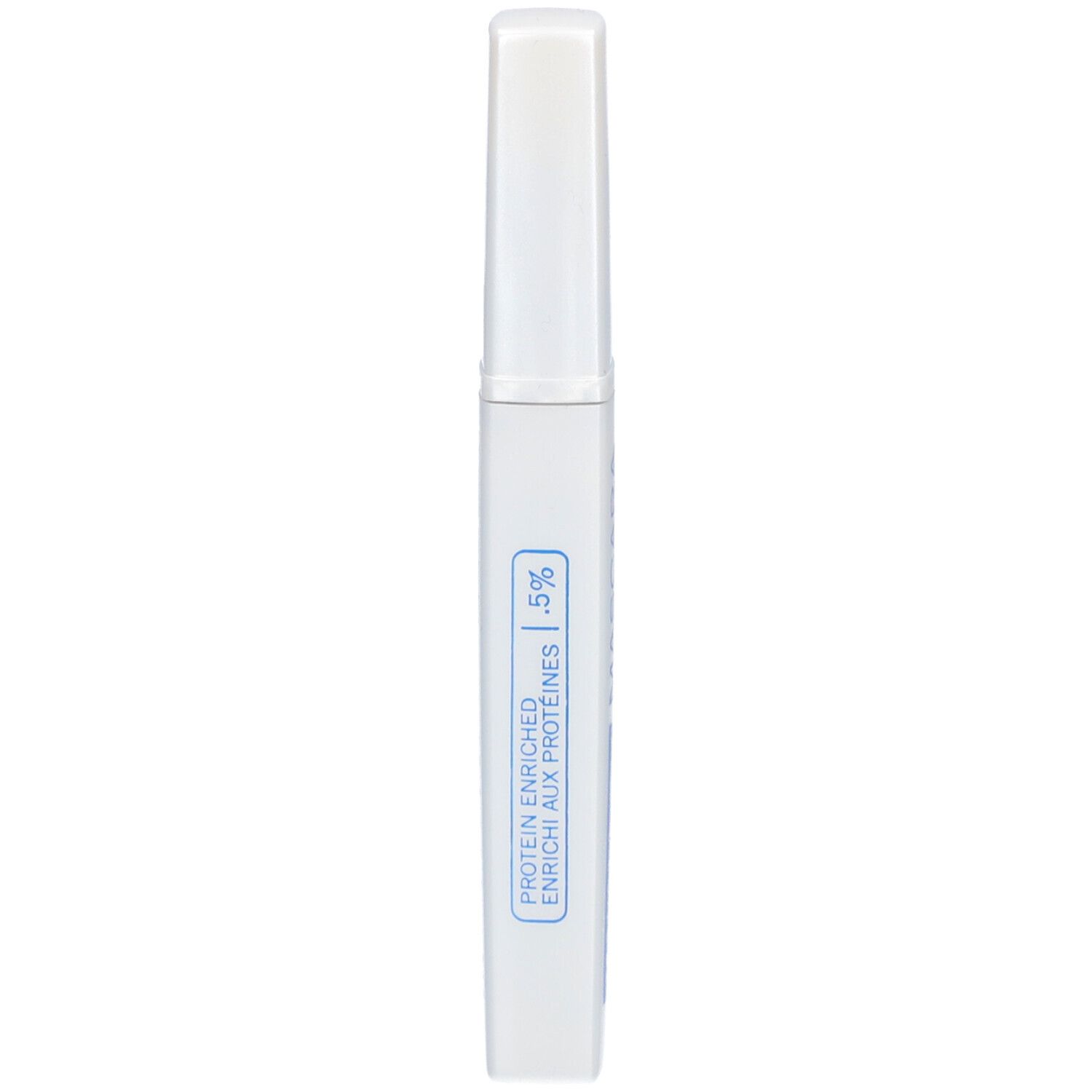 Tube de mascara blanc avec texte bleu : Enrichi en protéines, 5%.